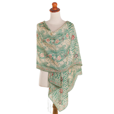 Batik Silk Shawl with Moss Green Floral Motifs from Bali - Forest Waves ...
