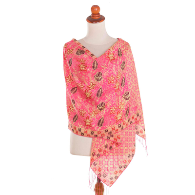 Batik silk shawl, 'Kawung Plains in Fuchsia' - Batik Silk Shawl with Fuchsia Floral Motifs from Bali