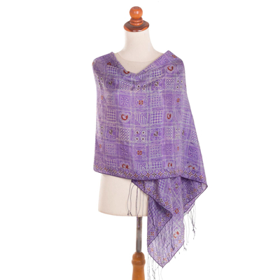 Batik silk shawl, 'Ceplok Temple in Iris' - Handcrafted Fringed Batik Silk Shawl in Iris from Bali