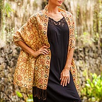 Batik silk shawl, 'Truntum Forest in Ginger'