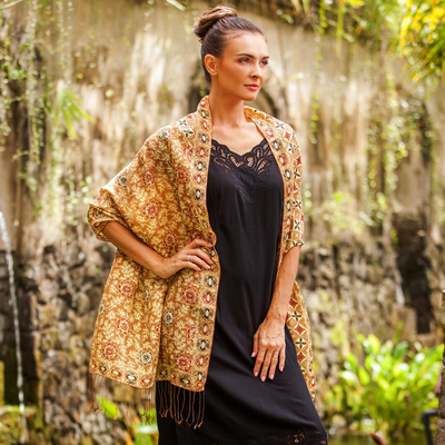 Batik silk shawl, 'Truntum Forest in Ginger' - Batik Silk Shawl with Ginger Floral Motifs from Bali