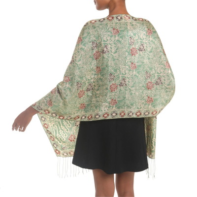 Batik silk shawl, 'Alluring Lily in Moss Green' - Batik Silk Shawl with Moss Green Floral Motifs from Bali