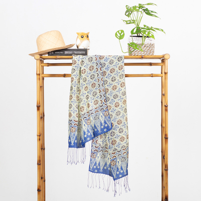 Batik silk shawl, Ceplok Petals in Indigo
