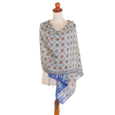 Batik silk shawl, 'Ceplok Petals in Indigo' - Batik Silk Shawl with Multicolored Floral Motifs from Bali