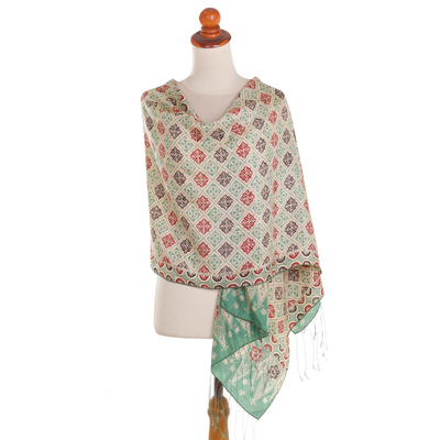 Batik silk shawl, 'Ceplok Petals in Moss Green' - Batik Silk Shawl with Multicolored Floral Motifs from Bali