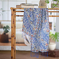 Batik silk shawl, 'Alluring Lily in Indigo' - Batik Silk Shawl with Indigo Floral Motifs from Bali