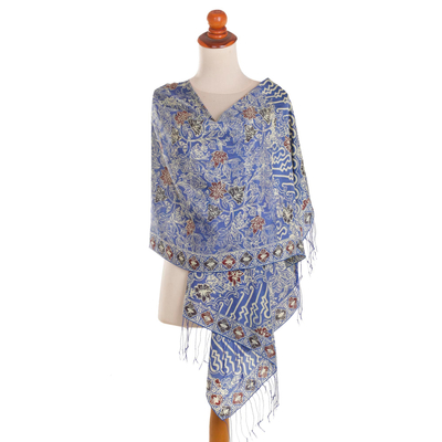 Batik silk shawl, 'Alluring Lily in Indigo' - Batik Silk Shawl with Indigo Floral Motifs from Bali