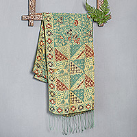 Batik silk shawl, 'Orchid Temple in Moss Green'