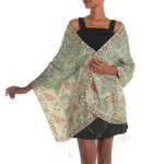 Batik silk shawl, 'Orchid Temple in Moss Green' - Batik Silk Shawl with Moss Green Floral Motifs from Bali