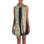 Batik silk shawl, 'Orchid Temple in Moss Green' - Batik Silk Shawl with Moss Green Floral Motifs from Bali