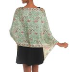 Batik silk shawl, 'Orchid Temple in Moss Green' - Batik Silk Shawl with Moss Green Floral Motifs from Bali