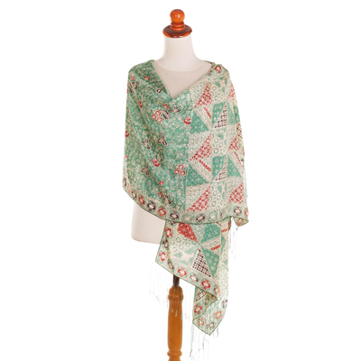 Batik silk shawl, 'Orchid Temple in Moss Green' - Batik Silk Shawl with Moss Green Floral Motifs from Bali
