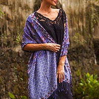 Silk batik shawl, 'Kawung Plains in Iris'