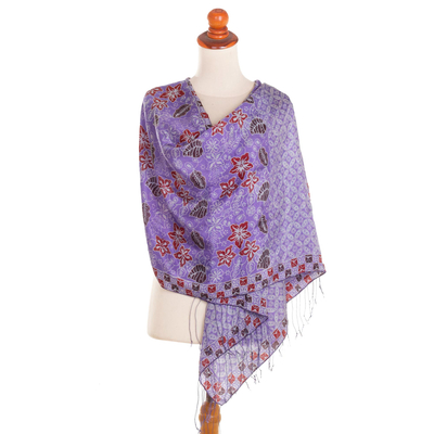Silk batik shawl, 'Kawung Plains in Iris' - Hand Dyed Kawung Batik Silk Shawl With Floral Pattern