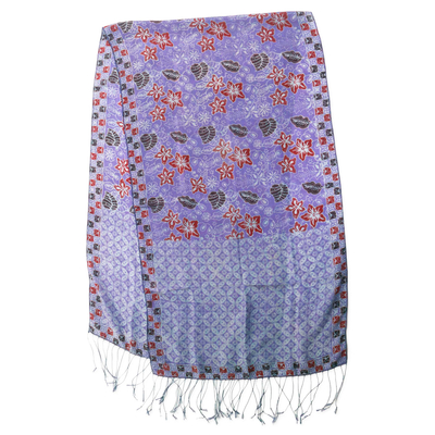 Silk batik shawl, 'Kawung Plains in Iris' - Hand Dyed Kawung Batik Silk Shawl With Floral Pattern