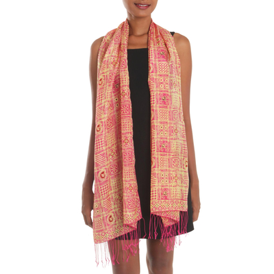 Mantón batik de seda - Chal de seda batik rosa teñido a mano con motivo Ceplok de Java