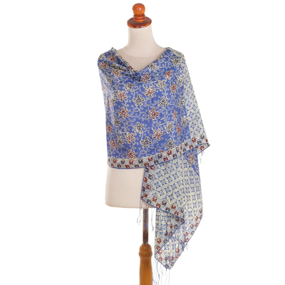 Batik silk shawl, 'Kawung Azaleas in Indigo' - Batik Silk Shawl with Indigo Floral Motifs from Bali