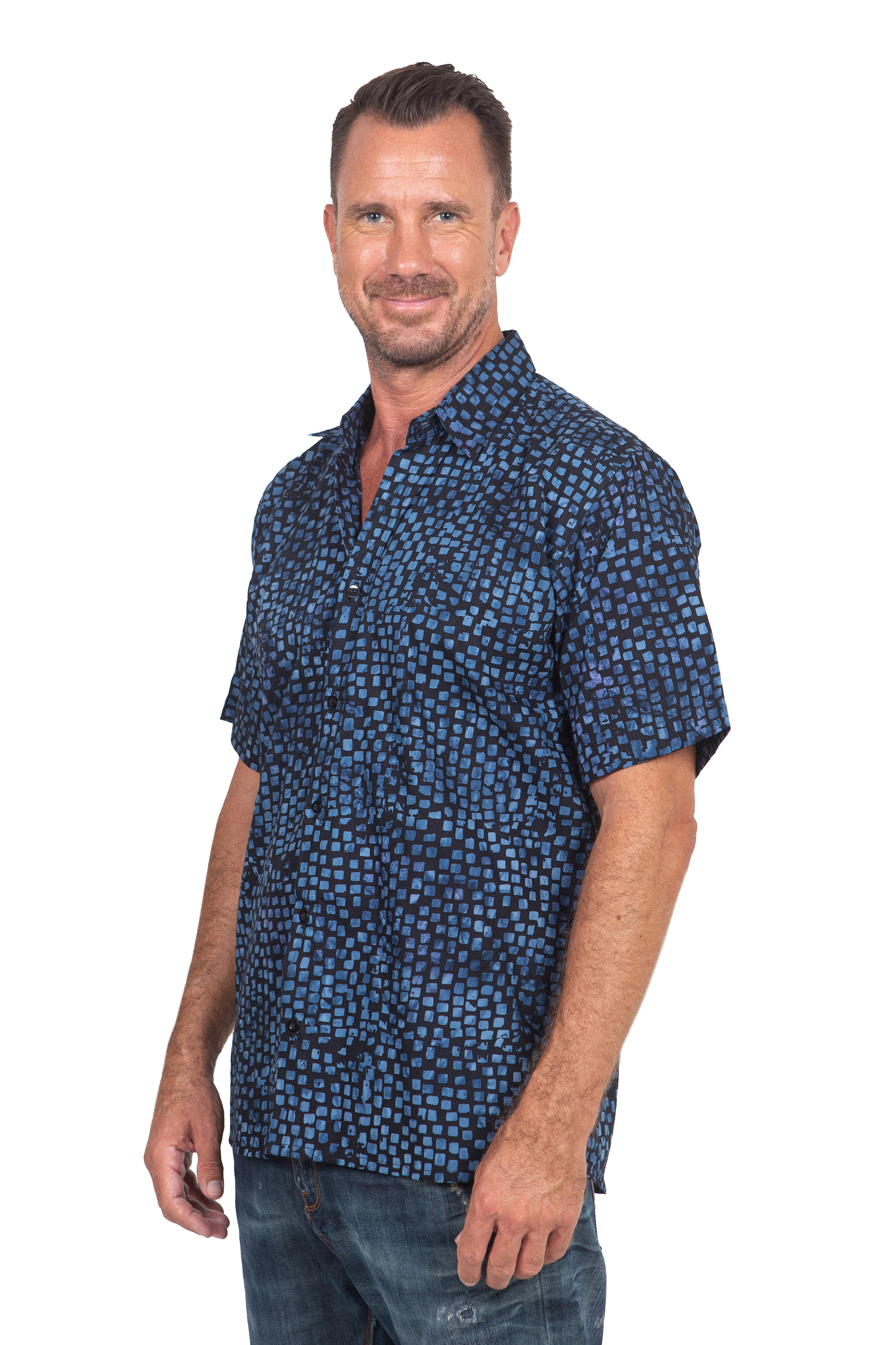 UNICEF Market | Men's 100% Cotton Navy Short Sleeve Batik Shirt - Pixel ...