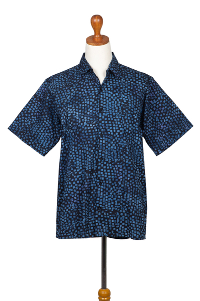 Camisa batik de algodón para hombre - Camisa batik de manga corta azul marino 100% algodón para hombre