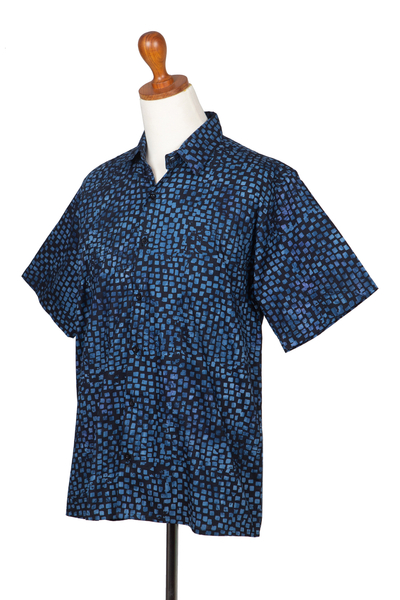 Men's cotton batik shirt, 'Pixel Play' - Men's 100% Cotton Navy Short Sleeve Batik Shirt