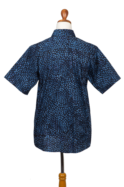 Herren-Batikhemd aus Baumwolle - Marineblaues, kurzärmliges Batikhemd für Herren aus 100 % Baumwolle