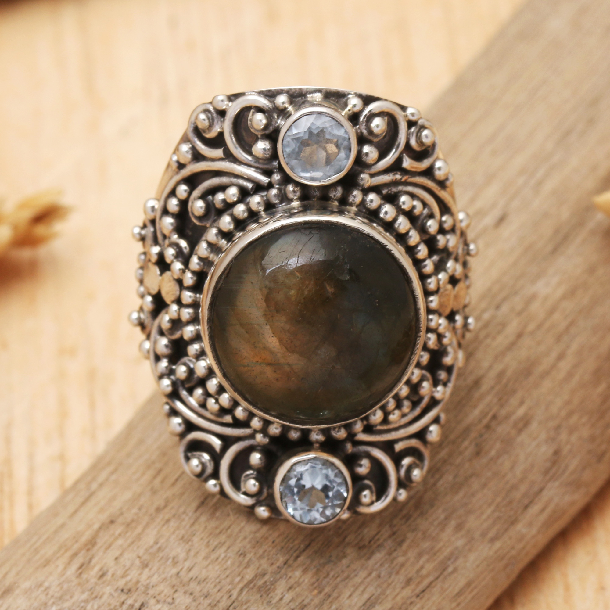 Labradorite and Blue Topaz Cocktail Ring from Bali - Beguiling Soul ...