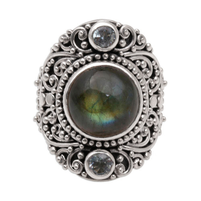 Labradorite and blue topaz cocktail ring, 'Beguiling Soul' - Labradorite and Blue Topaz Cocktail Ring from Bali