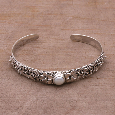 Cultured pearl cuff bracelet, 'Swirling Jepun' - Cultured Pearl and 925 Silver Floral Cuff Bracelet from Bali