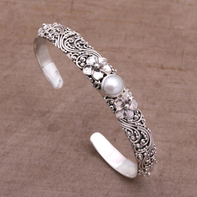 Cultured pearl cuff bracelet, 'Swirling Jepun' - Cultured Pearl and 925 Silver Floral Cuff Bracelet from Bali