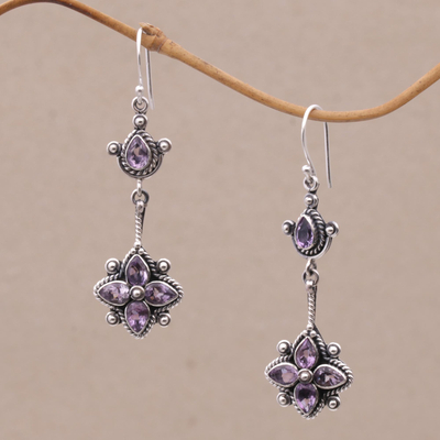 Amethyst dangle earrings, 'Ascending Petals' - Amethyst and Sterling Silver Dangle Earrings from Bali