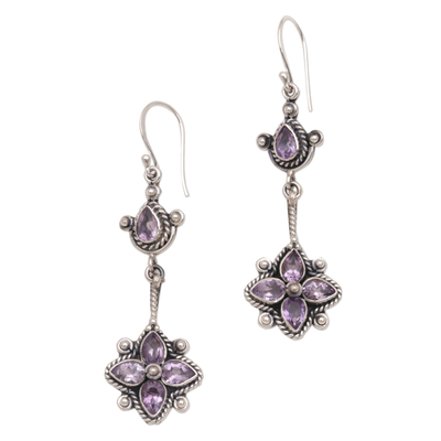 Amethyst dangle earrings, 'Ascending Petals' - Amethyst and Sterling Silver Dangle Earrings from Bali