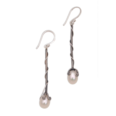 Cultured pearl dangle earrings, 'Tirta Drops' - Cultured Pearl and Sterling Silver Dangle Earrings from Bali