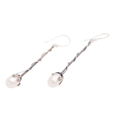 Cultured pearl dangle earrings, 'Tirta Drops' - Cultured Pearl and Sterling Silver Dangle Earrings from Bali