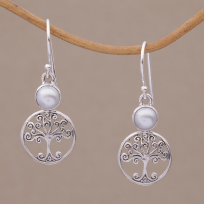 Cultured pearl dangle earrings, 'Moonlit Branches' - Cultured Pearl and Sterling Silver Tree Earrings from Bali