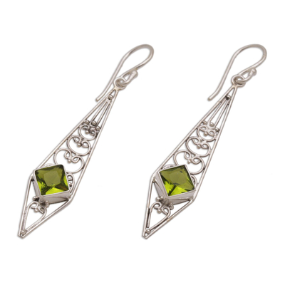 Peridot dangle earrings, 'Green Ties' - Peridot and Sterling Silver Dangle Earrings from Bali