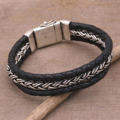 Mens leather accent sterling silver wristband bracelet, Bold Weave