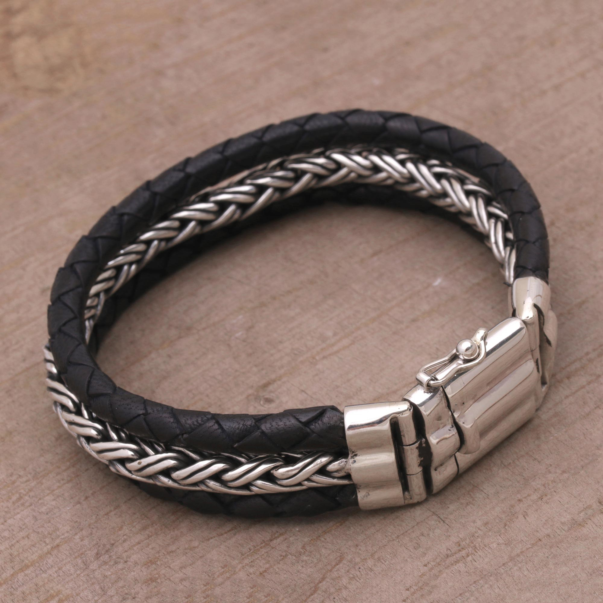 Men's Leather and Sterling Silver Wristband Bracelet - Bold Weave | NOVICA