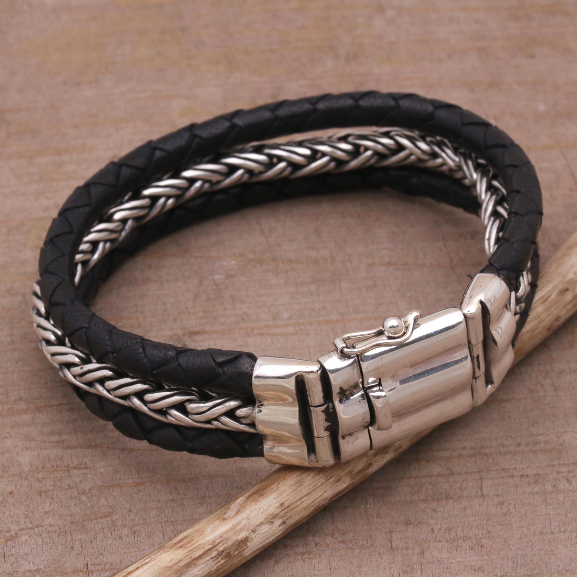 Men's Leather and Sterling Silver Wristband Bracelet - Bold Weave | NOVICA