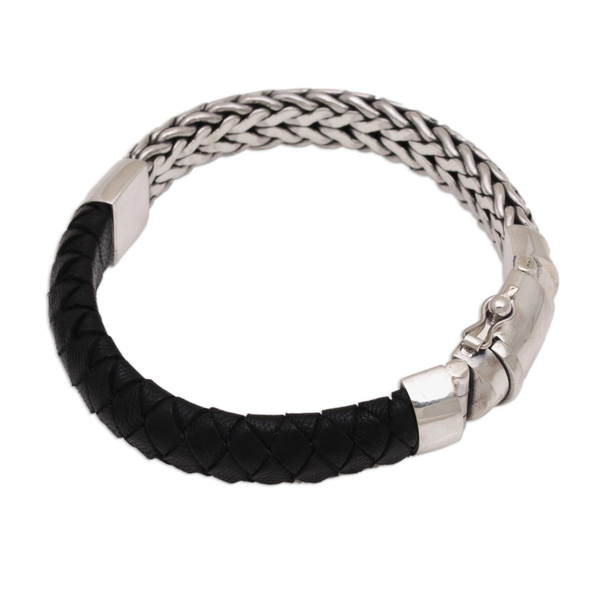 Leather Accent Sterling Silver Wristband Bracelet from Bali - Bali ...