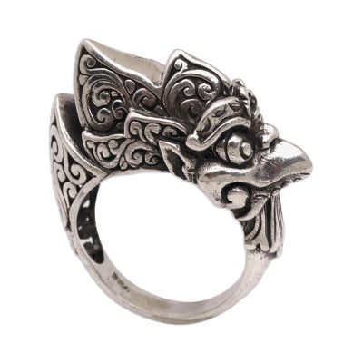 Sterling silver cocktail ring, 'Glaring Guak' - Artisan Crafted Sterling Silver Crow Cocktail Ring from Bali