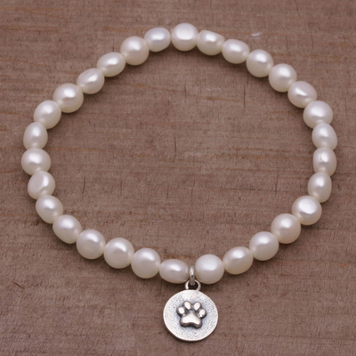 Cultured pearl stretch charm bracelet, 'Luminous Paw' - Cultured Pearl and Sterling Silver Beaded Bracelet from Bali