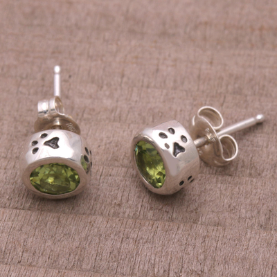 Peridot stud earrings, 'Glistening Paws' - Peridot and Sterling Silver Paw Stud Earrings from Bali