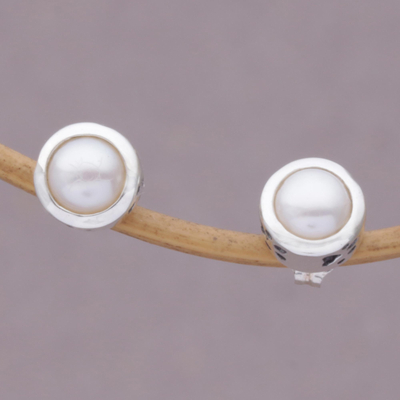 Cultured pearl stud earrings, 'Moonlight Paws' - Cultured Pearl and Sterling Silver Earrings from Bali