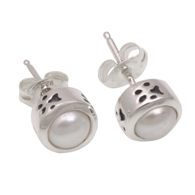 Cultured pearl stud earrings, 'Moonlight Paws' - Cultured Pearl and Sterling Silver Earrings from Bali