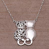 Sterling silver pendant necklace, 'Romantic Kittens' - Sterling Silver Cat Pendant Necklace from Bali