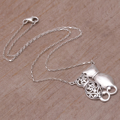 Sterling silver pendant necklace, 'Romantic Kittens' - Sterling Silver Cat Pendant Necklace from Bali