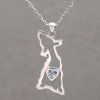 Blue topaz pendant necklace, 'Hound Heart' - Blue Topaz and Sterling Silver Dog Necklace from Bali