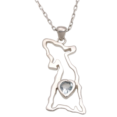 Blue topaz pendant necklace, 'Hound Heart' - Blue Topaz and Sterling Silver Dog Necklace from Bali
