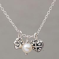 Cultured pearl pendant necklace, 'Heartfelt Paws' - Cultured Pearl and Sterling Silver Heart Paw Necklace