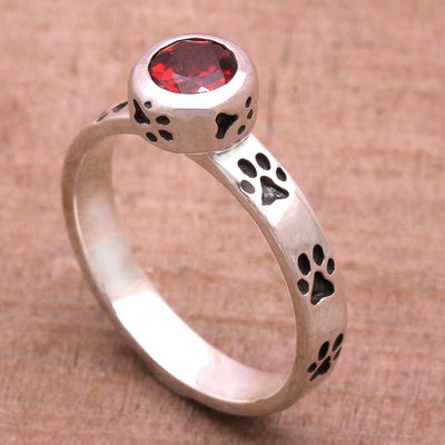 Garnet single stone ring, 'Paws for Celebration' - Garnet and Sterling Silver Single Stone Ring from Bali